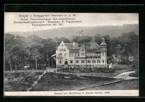 AK Hameln a. d. W., Blick auf Gasthaus Dreyer's Berggarten aus der Vogelschau