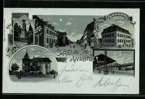 Mondschein-Lithographie Appenweier, Ville Siebert, Rathaus, Bahnhof