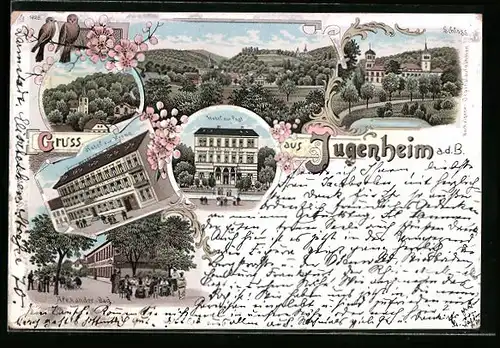 Lithographie Jugenheim a. d. B., Hotel zur Krone, Hotel zur Post, Alexander-Bad