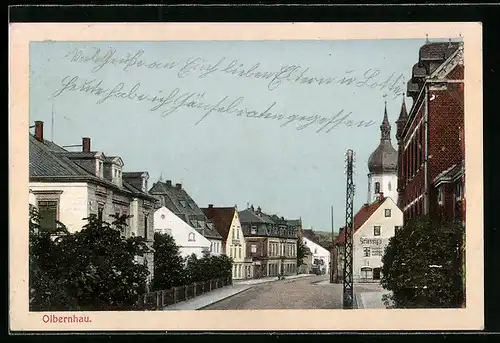 AK Olbernhau, Strassenpartie mit Geschäften
