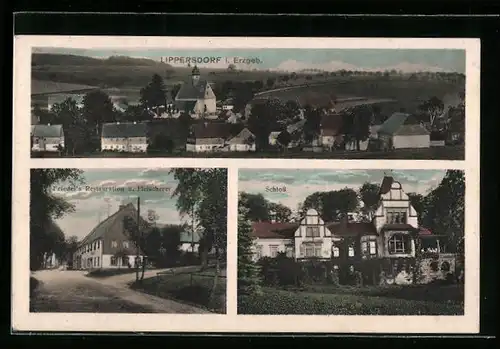 AK Lippersdorf i. Erzgeb., Friedel`s Restaurant und Fleischerei, Schloss, Teilansicht