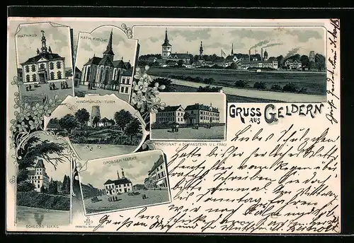 Lithographie Geldern, Panorama des Ortes, Rathaus, Grosser Markt
