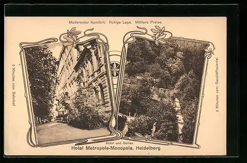 Passepartout-AK Heidelberg, Hotel Metropole-Monopole H. L. Fellmeden, Strassenansicht und Garten