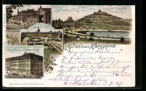 Lithographie Karlsruhe, Bahnhof, Gasthaus zur goldenen Traube, Stadtgarten Lauterberg
