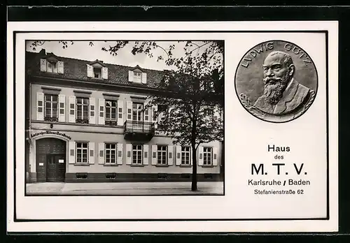 AK Karlsruhe /Baden, Haus des MTV, Stefanienstrasse 62, Prägemedaille Ludwig Götz