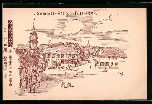 Künstler-AK Karlsruhe, Eintracht Karlsruhe, Sommer-Garten-Fest 1904, Ortspartie mit Kirche aus der Vogelschau