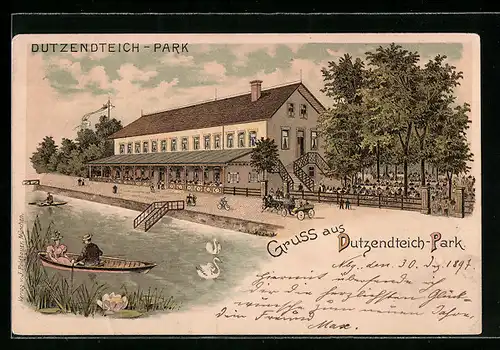 Lithographie Nürnberg, Gasthaus Dutzendteich mit Aussengastronomie und Ruderer auf dem See