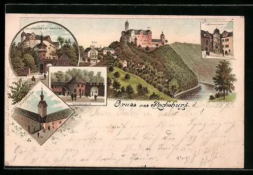 Lithographie Rochsburg, Thorhaus, Eingang Schloss, Pulverthurm, Ortsansicht