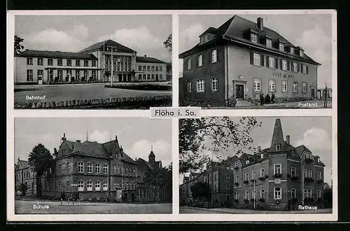 AK Flöha i. Sa., Bahnhof, Postamt, Schule, Rathaus