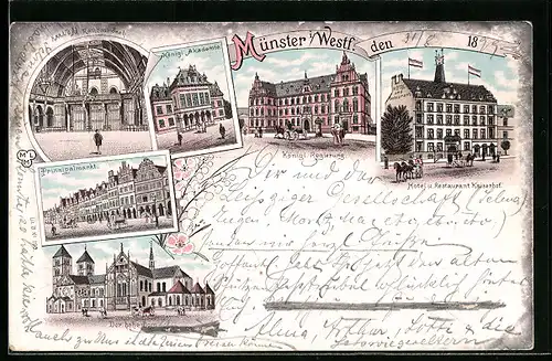 Lithographie Münster i / Westf., Hotel und Restaurant Kaiserhof, Der hohe Dom, Königliche Akademie