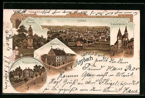 Lithographie Ansbach, Platen-Denkmal, Prinzenschloss, Ortsansicht
