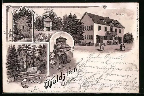 Lithographie Waldstein /Fichtelgebirge, Forsthaus, Bärenfang, Bergruine