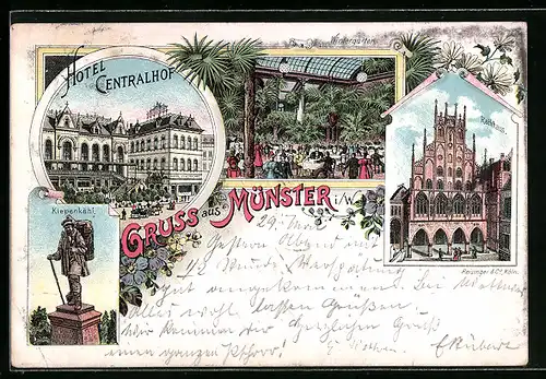 Lithographie Münster i. W., Hotel Centralhof, Wintergarten, Rathhaus, Kiepenkähl