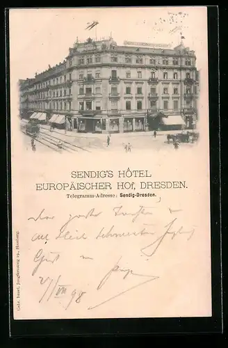 AK Dresden, Sendigs Hotel Europäischer Hof mit Strassenbahn aus der Vogelschau