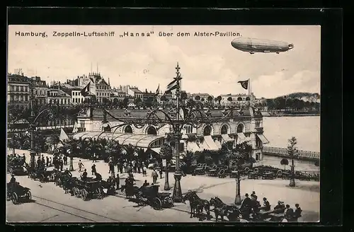 AK Hamburg-Neustadt, Zeppelin-Luftschiff Hansa über dem Alster-Pavillon