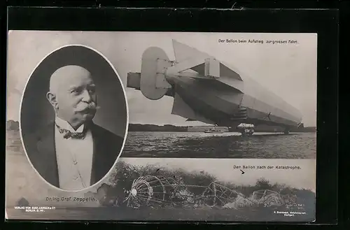 AK Echterdingen, Zeppelin beim Aufstieg und nach der Katastrophe, Portrait Graf Zeppelin