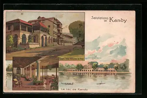 Lithographie Kandy, Queen`s Hotel, Premier etage Veranda en face du Lac