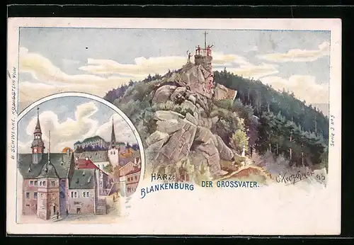 Künstler-AK Schwenke Serie 3, Nr. 5, Blankenburg, Ortsansicht, Grossvater, Berg mit Gesicht, Berggesichter