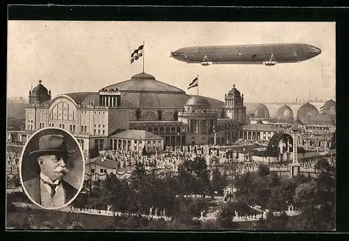 AK Frankfurt /Main, Zeppelin über Ausstellungshalle, Portrait Graf Zeppelin