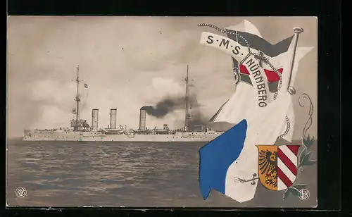 AK Kriegsschiff SMS Nürnberg heizt die Kessel an, Reichskriegsflagge