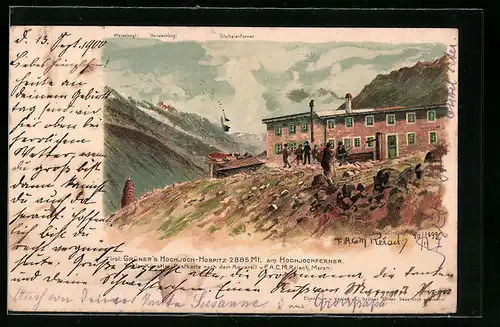 Künstler-AK F.A.C.M. Reisch: Grüners Hochjoch-Hospitz am Hochjochferner