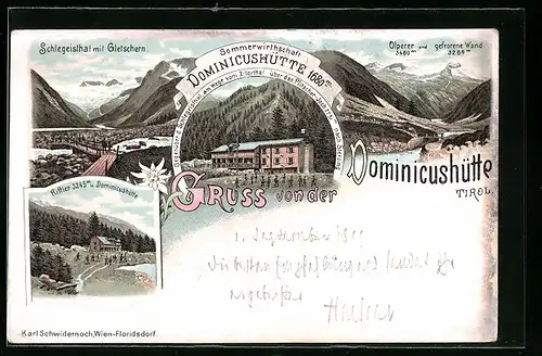 Lithographie Dominicushütte am Riffler, Schlegeisthal mit Gletschern