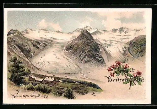 Lithographie Berliner Hütte, Berghütte mit Gletschern