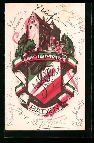 Künstler-AK Baden, Studentenwappen der Verbindung Limmania, Schloss