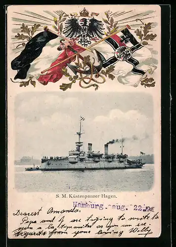Präge-AK SM Küstenpanzer Hagen, Reichskriegsflagge und Kaiserreichsfahne