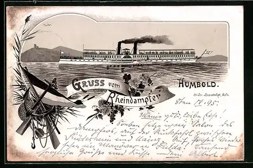Vorläufer-Lithographie Rheindampfer Humbold in Fahrt, 1895