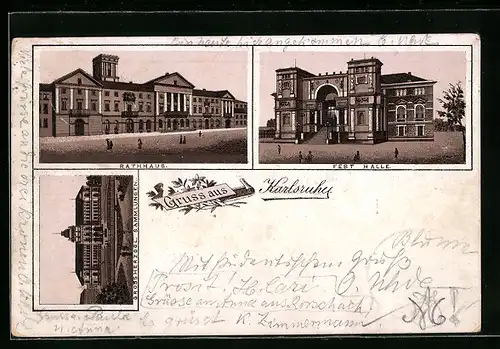 Vorläufer-Lithographie Karlsruhe, 1893, Festhalle, Rathaus, Grossherzogl. Sammlungen