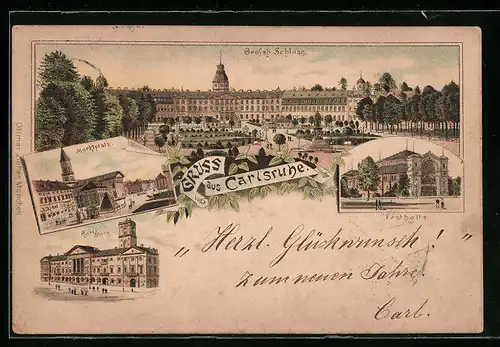 Vorläufer-Lithographie Karlsruhe, 1893, Grossherzogl. Schloss, Festhalle, Marktplatz