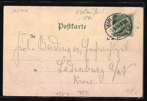 Vorläufer-Lithographie Karlsruhe, 1894, Cadettenhaus, Schloss, Panorama