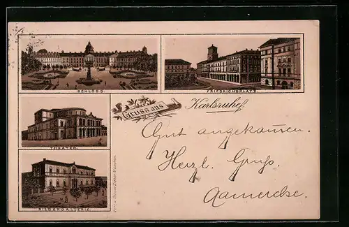 Vorläufer-Lithographie Karlsruhe, 1895, Schloss, Theater, Bildergallerie, Friedrichsplatz