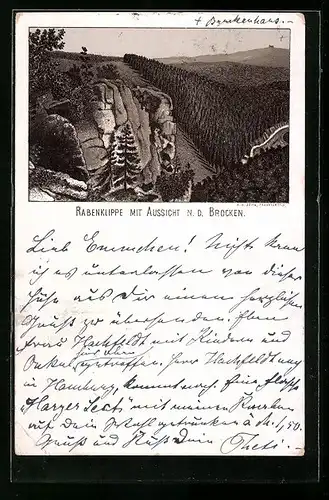 Vorläufer-Lithographie Bad Harzburg, 1891, Rabenklippe mit Aussicht nach dem Brocken