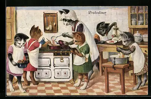 Künstler-AK Katzen beim Kochen in der Küche