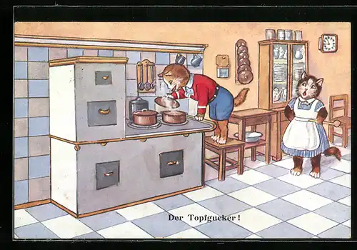 AK Kater blickt heimlich in den Kochtopf und wird erwischt, vermenschlichte Tiere