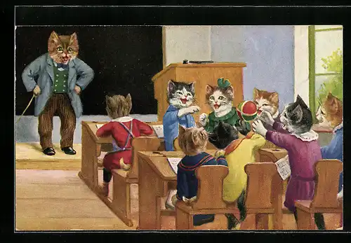 Künstler-AK Lehrer versucht, Katzenkinder zu erziehen