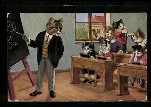 AK vermenschlichte Tiere, Katze als Lehrer