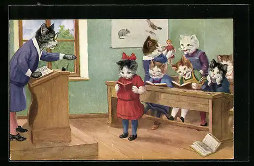 Künstler-AK Geteiltes Interesse, Kätzchen zeigt ihrer Freundin ihre Puppe, vermenschlichte Tiere