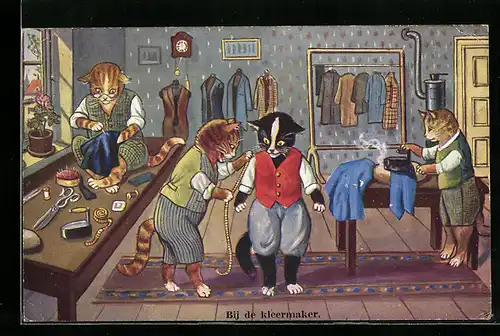 Künstler-AK Bij de kleermaker, Katze lässt sich beim Schneider vermessen und neu einkleiden, vermenschlichte Tiere