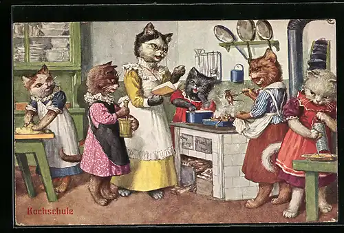 Künstler-AK Kochschule, Weibliche Katzen in der Küche, vermenschlichte Tiere