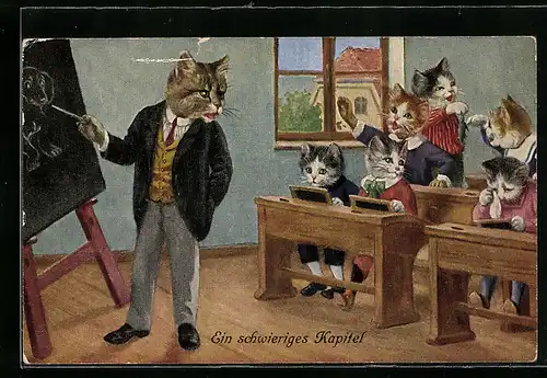 AK vermenschlichte Tiere, Katze als Lehrer