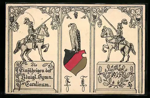 Künstler-AK Die Einjährigen des königl. Gymn. Carolinum 1914, Ritter, Adler und Wappen