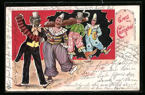 Lithographie Gruss vom Carneval, Kostümierte Herren mit riesiger Zigarre
