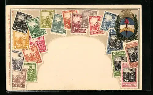 Präge-Lithographie Argentinien, Briefmarken und Wappen, Goldene Sonne