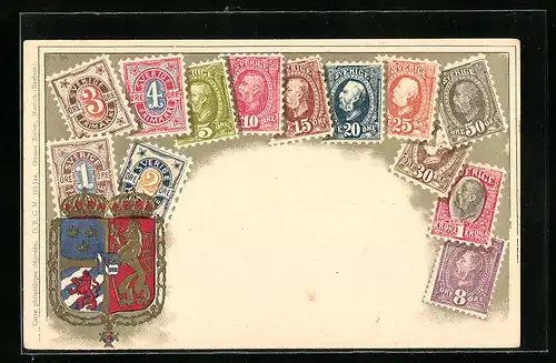 Präge-AK Briefmarken und Wappen Schwedens, Kronen