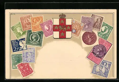 Präge-AK New South Wales, Briefmarken und Wappen