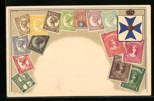 AK Australien, Queensland, Briefmarken und Wappen