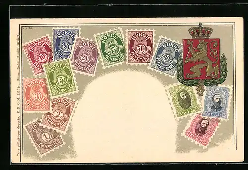 Präge-Lithographie Norwegen, Briefmarken und Wappen mit Krone